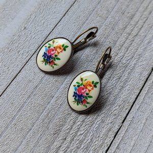French Leverback Earrings with Vintage Plastic Multi-color Floral Cabochons